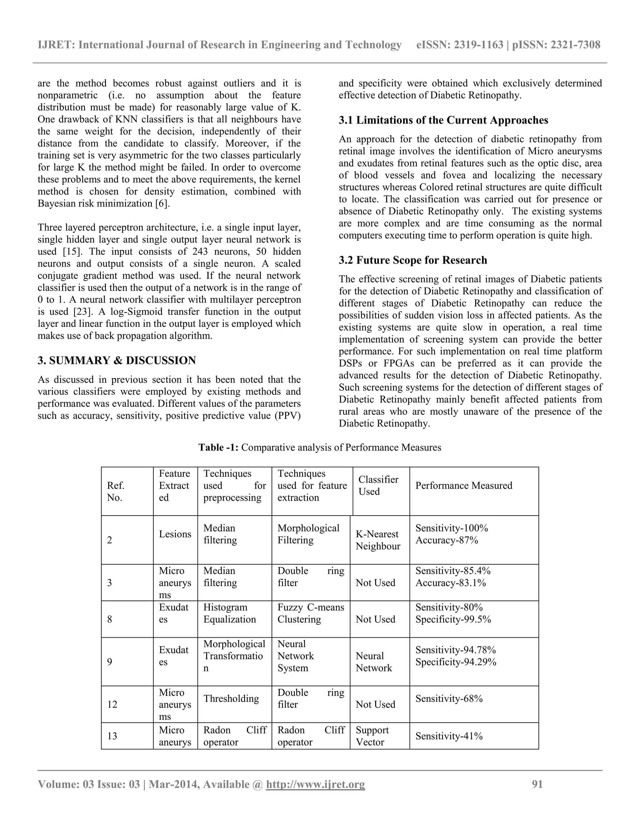 IJRET: International Journal of Research in Engineering and Technology eISSN: 2319-1163 | pISSN: 2321-7308
__________________________________________________________________________________________
Volume: 03 Issue: 03 | Mar-2014, Available @ http://www.ijret.org 91
are the method becomes robust against outliers and it is
nonparametric (i.e. no assumption about the feature
distribution must be made) for reasonably large value of K.
One drawback of KNN classifiers is that all neighbours have
the same weight for the decision, independently of their
distance from the candidate to classify. Moreover, if the
training set is very asymmetric for the two classes particularly
for large K the method might be failed. In order to overcome
these problems and to meet the above requirements, the kernel
method is chosen for density estimation, combined with
Bayesian risk minimization [6].
Three layered perceptron architecture, i.e. a single input layer,
single hidden layer and single output layer neural network is
used [15]. The input consists of 243 neurons, 50 hidden
neurons and output consists of a single neuron. A scaled
conjugate gradient method was used. If the neural network
classifier is used then the output of a network is in the range of
0 to 1. A neural network classifier with multilayer perceptron
is used [23]. A log-Sigmoid transfer function in the output
layer and linear function in the output layer is employed which
makes use of back propagation algorithm.
3. SUMMARY & DISCUSSION
As discussed in previous section it has been noted that the
various classifiers were employed by existing methods and
performance was evaluated. Different values of the parameters
such as accuracy, sensitivity, positive predictive value (PPV)
and specificity were obtained which exclusively determined
effective detection of Diabetic Retinopathy.
3.1 Limitations of the Current Approaches
An approach for the detection of diabetic retinopathy from
retinal image involves the identification of Micro aneurysms
and exudates from retinal features such as the optic disc, area
of blood vessels and fovea and localizing the necessary
structures whereas Colored retinal structures are quite difficult
to locate. The classification was carried out for presence or
absence of Diabetic Retinopathy only. The existing systems
are more complex and are time consuming as the normal
computers executing time to perform operation is quite high.
3.2 Future Scope for Research
The effective screening of retinal images of Diabetic patients
for the detection of Diabetic Retinopathy and classification of
different stages of Diabetic Retinopathy can reduce the
possibilities of sudden vision loss in affected patients. As the
existing systems are quite slow in operation, a real time
implementation of screening system can provide the better
performance. For such implementation on real time platform
DSPs or FPGAs can be preferred as it can provide the
advanced results for the detection of Diabetic Retinopathy.
Such screening systems for the detection of different stages of
Diabetic Retinopathy mainly benefit affected patients from
rural areas who are mostly unaware of the presence of the
Diabetic Retinopathy.
Table -1: Comparative analysis of Performance Measures
Ref.
No.
Feature
Extract
ed
Techniques
used for
preprocessing
Techniques
used for feature
extraction
Classifier
Used
Performance Measured
2
Lesions
Median
filtering
Morphological
Filtering
K-Nearest
Neighbour
Sensitivity-100%
Accuracy-87%
3
Micro
aneurys
ms
Median
filtering
Double ring
filter Not Used
Sensitivity-85.4%
Accuracy-83.1%
8
Exudat
es
Histogram
Equalization
Fuzzy C-means
Clustering Not Used
Sensitivity-80%
Specificity-99.5%
9
Exudat
es
Morphological
Transformatio
n
Neural
Network
System
Neural
Network
Sensitivity-94.78%
Specificity-94.29%
12
Micro
aneurys
ms
Thresholding
Double ring
filter Not Used
Sensitivity-68%
13
Micro
aneurys
Radon Cliff
operator
Radon Cliff
operator
Support
Vector
Sensitivity-41%
 