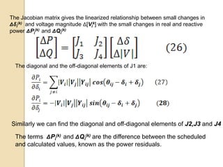 The Jacobian matrix gives the linearized relationship between small changes in
Δδi
(k) and voltage magnitude Δ[Vi
k] with the small changes in real and reactive
power ΔPi
(k) and ΔQi
(k)
The diagonal and the off-diagonal elements of J1 are:
Similarly we can find the diagonal and off-diagonal elements of J2,J3 and J4
The terms ΔPi
(k) and ΔQi
(k) are the difference between the scheduled
and calculated values, known as the power residuals.
 