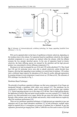 Appl Biochem Biotechnol (2014) 172:1909–1928 1919 
Cooler 
Compressed 
Biogas 
Chemical/Physical 
Absorption Column 
Upgraded 
Gas 
Regeneration Column 
Raw Biogas 
Compressor 
CO2 
Heat exchanger 
Fig. 4 Schematic of chemicals/physicals scrubbing technology for biogas upgrading [modified from 
references 5, 10, 63] 
PSA can be operated either on the basis of equilibrium or kinetic selectivity, depending on 
the residence time in the column. For separation based on equilibrium selectivity, the stronger 
adsorbed components in a gas mixture are retained within the column, while the effluent 
contains the less strongly adsorbed species. In the case of separation based on kinetic 
selectivity, the faster diffusing species are retained by the adsorbent and the high pressure 
product was concentrated in slower diffusing components [71]. 
Montanari et al. had investigated the use of 4A and 13X zeolite adsorbent [72]. They found 
that 13X and 4A molecular sieves were able to adsorb selectively carbon dioxide from 
biogases, allowing their upgrading to pure methane or to enrich them in methane. 13X zeolites 
show a definitely larger capacity for adsorption of CO2 than 4A zeolite, although regeneration 
by purging nitrogen at room temperature is much slower on 13X than on 4A. The schematic of 
PSA technique was describe in Fig. 5. 
Membrane-Based Techniques 
The principle of membrane separation technique was that some components of raw biogas are 
transported through a membrane while others were retained [63]. The membrane can be 
constructed as hollow fiber modules, spiral wound modules, and envelope type modules 
[73]. Typical operating pressure was in the range of 25–40 bars. Due to high packing density, 
the application of hollow fiber and spiral wound modules was more common [73]. Usually the 
process was often performed in two stages. Before the gas enters the hollow fibers, it passed 
through a filter remains water and oil droplet and aerosols, which would otherwise negatively 
affect the membrane performance [10]. 
There are two membrane separation techniques: (1) high-pressure gas separation or gas–gas 
separation and (2) gas–liquid adsorption membrane [5]. In both techniques, multiple stages 
might be required and as a consequence an increase of methane loss is obtained. In gas–gas 
separation, pressurized gas ranging from 2,000 to 3,600 kPa was first used to remove H2S and 
 