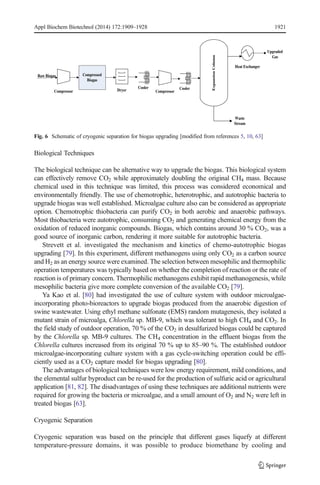 Appl Biochem Biotechnol (2014) 172:1909–1928 1921 
Compressed 
Biogas 
Raw Biogas 
Compressor 
Fig. 6 Schematic of cryogenic separation for biogas upgrading [modified from references 5, 10, 63] 
Biological Techniques 
Expansion Column 
Dryer Cooler 
Compressor 
Cooler 
Heat Exchanger 
Upgraded 
Gas 
Waste 
Stream 
The biological technique can be alternative way to upgrade the biogas. This biological system 
can effectively remove CO2 while approximately doubling the original CH4 mass. Because 
chemical used in this technique was limited, this process was considered economical and 
environmentally friendly. The use of chemotrophic, heterotrophic, and autotrophic bacteria to 
upgrade biogas was well established. Microalgae culture also can be considered as appropriate 
option. Chemotrophic thiobacteria can purify CO2 in both aerobic and anaerobic pathways. 
Most thiobacteria were autotrophic, consuming CO2 and generating chemical energy from the 
oxidation of reduced inorganic compounds. Biogas, which contains around 30 % CO2, was a 
good source of inorganic carbon, rendering it more suitable for autotrophic bacteria. 
Strevett et al. investigated the mechanism and kinetics of chemo-autotrophic biogas 
upgrading [79]. In this experiment, different methanogens using only CO2 as a carbon source 
and H2 as an energy source were examined. The selection between mesophilic and thermophilic 
operation temperatures was typically based on whether the completion of reaction or the rate of 
reaction is of primary concern. Thermophilic methanogens exhibit rapidmethanogenesis, while 
mesophilic bacteria give more complete conversion of the available CO2 [79]. 
Ya Kao et al. [80] had investigated the use of culture system with outdoor microalgae-incorporating 
photo-bioreactors to upgrade biogas produced from the anaerobic digestion of 
swine wastewater. Using ethyl methane sulfonate (EMS) random mutagenesis, they isolated a 
mutant strain of microalga, Chlorella sp. MB-9, which was tolerant to high CH4 and CO2. In 
the field study of outdoor operation, 70 % of the CO2 in desulfurized biogas could be captured 
by the Chlorella sp. MB-9 cultures. The CH4 concentration in the effluent biogas from the 
Chlorella cultures increased from its original 70 % up to 85–90 %. The established outdoor 
microalgae-incorporating culture system with a gas cycle-switching operation could be effi-ciently 
used as a CO2 capture model for biogas upgrading [80]. 
The advantages of biological techniques were low energy requirement, mild conditions, and 
the elemental sulfur byproduct can be re-used for the production of sulfuric acid or agricultural 
application [81, 82]. The disadvantages of using these techniques are additional nutrients were 
required for growing the bacteria or microalgae, and a small amount of O2 and N2 were left in 
treated biogas [63]. 
Cryogenic Separation 
Cryogenic separation was based on the principle that different gases liquefy at different 
temperature-pressure domains, it was possible to produce biomethane by cooling and 
 