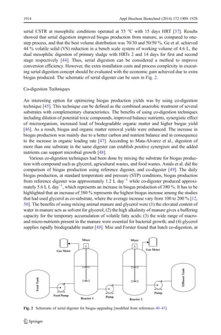 1914 Appl Biochem Biotechnol (2014) 172:1909–1928 
serial CSTR at mesophilic conditions operated at 55 °C with 15 days HRT [37]. Results 
showed that serial digestion improved biogas production from manure, as compared to one-step 
process, and that the best volume distribution was 70/30 and 50/50 %. Ge et al. achieved 
44 % volatile solid (VS) reduction in a bench scale system of working volume of 4.6 L, the 
dual mesophilic digestion of primary sludge with HRTs 2 and 14 days for first and second 
stage respectively [44]. Thus, serial digestion can be considered a method to improve 
conversion efficiency. However, the extra installation costs and process complexity in execut-ing 
serial digestion concept should be evaluated with the economic gain achieved due to extra 
biogas produced. The schematic of serial digester can be seen in Fig. 2. 
Co-digestion Techniques 
An interesting option for optimizing biogas production yields was by using co-digestion 
technique [45]. This technique can be defined as the combined anaerobic treatment of several 
substrates with complementary characteristics. The benefits of using co-digestion techniques 
including dilution of potential toxic compounds, improved balance nutrients, synergistic effect 
of microorganism, increased load of biodegradable organic matter and higher biogas yield 
[46]. As a result, biogas and organic matter removal yields were enhanced. The increase in 
biogas production was mainly due to a better carbon and nutrient balance and in consequence 
to the increase in organic loading rate [47]. According to Mata-Alvarez et al., digestion of 
more than one substrate in the same digester can establish positive synergism and the added 
nutrients can support microbial growth [48]. 
Various co-digestion techniques had been done by mixing the substrate for biogas produc-tion 
with compound such as glycerol, agricultural wastes, and food wastes. Astals et al. did the 
comparison of biogas production using reference digester, and co-digester [49]. The daily 
biogas production, at standard temperature and pressure (STP) conditions, biogas production 
from reference digester was approximately 1.2 L day−1 while co-digester produced approxi-mately 
5.6 L L day−1, which represents an increase in biogas production of 380 %. It has to be 
highlighted that an increase of 380 % represents the highest biogas increase among the studies 
that had used glycerol as co-substrate, where the average increase vary from 100 to 200 % [12, 
50]. The benefits of using mixing animal manure and glycerol were (1) the elevated content of 
water in manure acts as solvent for glycerol; (2) the high alkalinity of manure gives a buffering 
capacity for the temporary accumulation of volatile fatty acids; (3) the wide range of macro-and 
micro-nutrients present in the manure were essential for bacterial growth; and (4) glycerol 
supplies rapidly biodegradable matter [48]. Misi and Forster found that batch co-digestion, at 
Feed Tank 
Feed Pump 
Reactor 1 Pump 
Reactor 2 
Pump 
Effluent Tank 
Mixer Mixer 
Gas Meter Gas Meter 
Fig. 2 Schematic of serial digester for biogas upgrading [modified from references 40–43] 
 