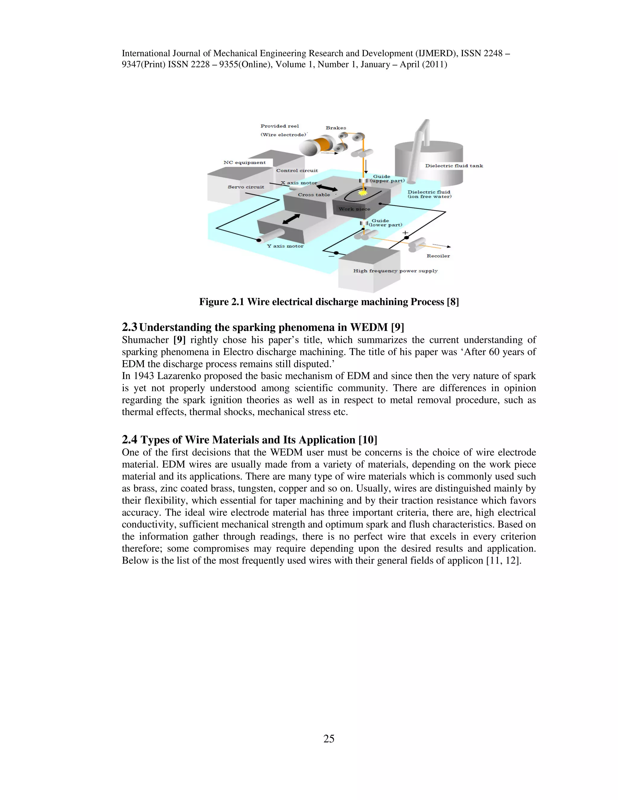 International Journal of Mechanical Engineering Research and Development (IJMERD), ISSN 2248 –
9347(Print) ISSN 2228 – 9355(Online), Volume 1, Number 1, January – April (2011)
25
Figure 2.1 Wire electrical discharge machining Process [8]
2.3Understanding the sparking phenomena in WEDM [9]
Shumacher [9] rightly chose his paper’s title, which summarizes the current understanding of
sparking phenomena in Electro discharge machining. The title of his paper was ‘After 60 years of
EDM the discharge process remains still disputed.’
In 1943 Lazarenko proposed the basic mechanism of EDM and since then the very nature of spark
is yet not properly understood among scientific community. There are differences in opinion
regarding the spark ignition theories as well as in respect to metal removal procedure, such as
thermal effects, thermal shocks, mechanical stress etc.
2.4 Types of Wire Materials and Its Application [10]
One of the first decisions that the WEDM user must be concerns is the choice of wire electrode
material. EDM wires are usually made from a variety of materials, depending on the work piece
material and its applications. There are many type of wire materials which is commonly used such
as brass, zinc coated brass, tungsten, copper and so on. Usually, wires are distinguished mainly by
their flexibility, which essential for taper machining and by their traction resistance which favors
accuracy. The ideal wire electrode material has three important criteria, there are, high electrical
conductivity, sufficient mechanical strength and optimum spark and flush characteristics. Based on
the information gather through readings, there is no perfect wire that excels in every criterion
therefore; some compromises may require depending upon the desired results and application.
Below is the list of the most frequently used wires with their general fields of applicon [11, 12].
 