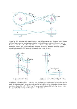 3) Quarter turn belt drive:- The quarter turn belt drive (also known as right angle belt drive), is used
with shafts arranged at right angles and rotating in one definite direction. In order to prevent the
belt from leaving the pulley, the width of the face of the pulley should be greater or equal to 1.4 b,
where b is width of belt. In case the pulleys cannot be arranged or when the reversible motions
desired, then a quarter turn belt drive with a guide pulley, may be used.
4) Belt drive with idler pulleys:- A belt drive with an idler pulley (also known as jockey pulley drive) is
used with shafts arranged parallel and when an open belt drive cannot be used due to small angle of
contact on the smaller pulley. This type of drive is provided to obtain high velocity ratio and when
the required belt tension cannot be obtained by other means.
 