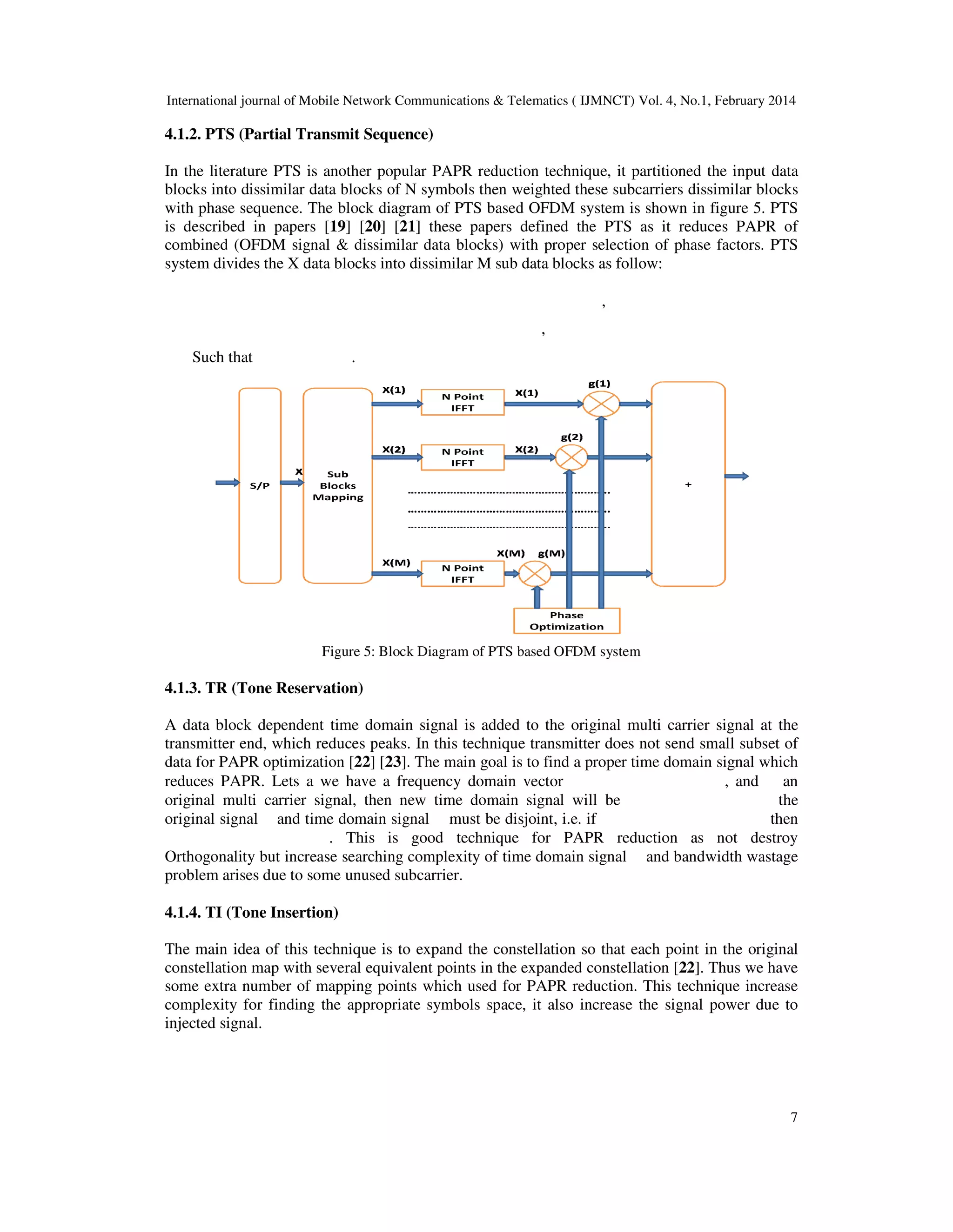 International journal of Mobile Network Communications & Telematics ( IJMNCT) Vol. 4, No.1, February 2014
4.1.2. PTS (Partial Transmit Sequence)
In the literature PTS is another popular PAPR reduction
blocks into dissimilar data blocks of N symbols then weighted these subcarriers dissimilar blocks
with phase sequence. The block diagram of PTS based OF
is described in papers [19] [20
combined (OFDM signal & dissimilar data blocks) with proper selection
system divides the X data blocks into dissimilar M sub data blocks as follow:
Such that .
Figure 5: Block Diagram of PTS
4.1.3. TR (Tone Reservation)
A data block dependent time domain signal is added to the original multi carrier signal at the
transmitter end, which reduces peaks. In this technique transmitter does not send small
data for PAPR optimization [22]
reduces PAPR. Lets a we have a frequency
original multi carrier signal, then new time domain signal will be
original signal and time domain signal
. This is good technique for PAPR reduction as not destroy
Orthogonality but increase searching complexity of time domain signal
problem arises due to some unused subcarrier
4.1.4. TI (Tone Insertion)
The main idea of this technique is to expand the constellation so that each point in the original
constellation map with several equivalent points in the expanded constellation
some extra number of mapping p
complexity for finding the appropriate symbols space, it also increase the signal power due to
injected signal.
International journal of Mobile Network Communications & Telematics ( IJMNCT) Vol. 4, No.1, February 2014
PTS (Partial Transmit Sequence)
n the literature PTS is another popular PAPR reduction technique, it partitioned the input data
blocks into dissimilar data blocks of N symbols then weighted these subcarriers dissimilar blocks
with phase sequence. The block diagram of PTS based OFDM system is shown in figure
20] [21] these papers defined the PTS as it reduces
dissimilar data blocks) with proper selection of phase factors.
system divides the X data blocks into dissimilar M sub data blocks as follow:
,
,
: Block Diagram of PTS based OFDM system
A data block dependent time domain signal is added to the original multi carrier signal at the
transmitter end, which reduces peaks. In this technique transmitter does not send small
] [23]. The main goal is to find a proper time domain signal which
reduces PAPR. Lets a we have a frequency domain vector
original multi carrier signal, then new time domain signal will be
and time domain signal must be disjoint, i.e. if
This is good technique for PAPR reduction as not destroy
Orthogonality but increase searching complexity of time domain signal and bandwidth wastage
due to some unused subcarrier.
technique is to expand the constellation so that each point in the original
constellation map with several equivalent points in the expanded constellation [22]. Thus we have
some extra number of mapping points which used for PAPR reduction. This technique increase
complexity for finding the appropriate symbols space, it also increase the signal power due to
International journal of Mobile Network Communications & Telematics ( IJMNCT) Vol. 4, No.1, February 2014
7
technique, it partitioned the input data
blocks into dissimilar data blocks of N symbols then weighted these subcarriers dissimilar blocks
hown in figure 5. PTS
reduces PAPR of
of phase factors. PTS
A data block dependent time domain signal is added to the original multi carrier signal at the
transmitter end, which reduces peaks. In this technique transmitter does not send small subset of
. The main goal is to find a proper time domain signal which
, and an
the
then
This is good technique for PAPR reduction as not destroy
and bandwidth wastage
technique is to expand the constellation so that each point in the original
. Thus we have
This technique increase
complexity for finding the appropriate symbols space, it also increase the signal power due to
 
