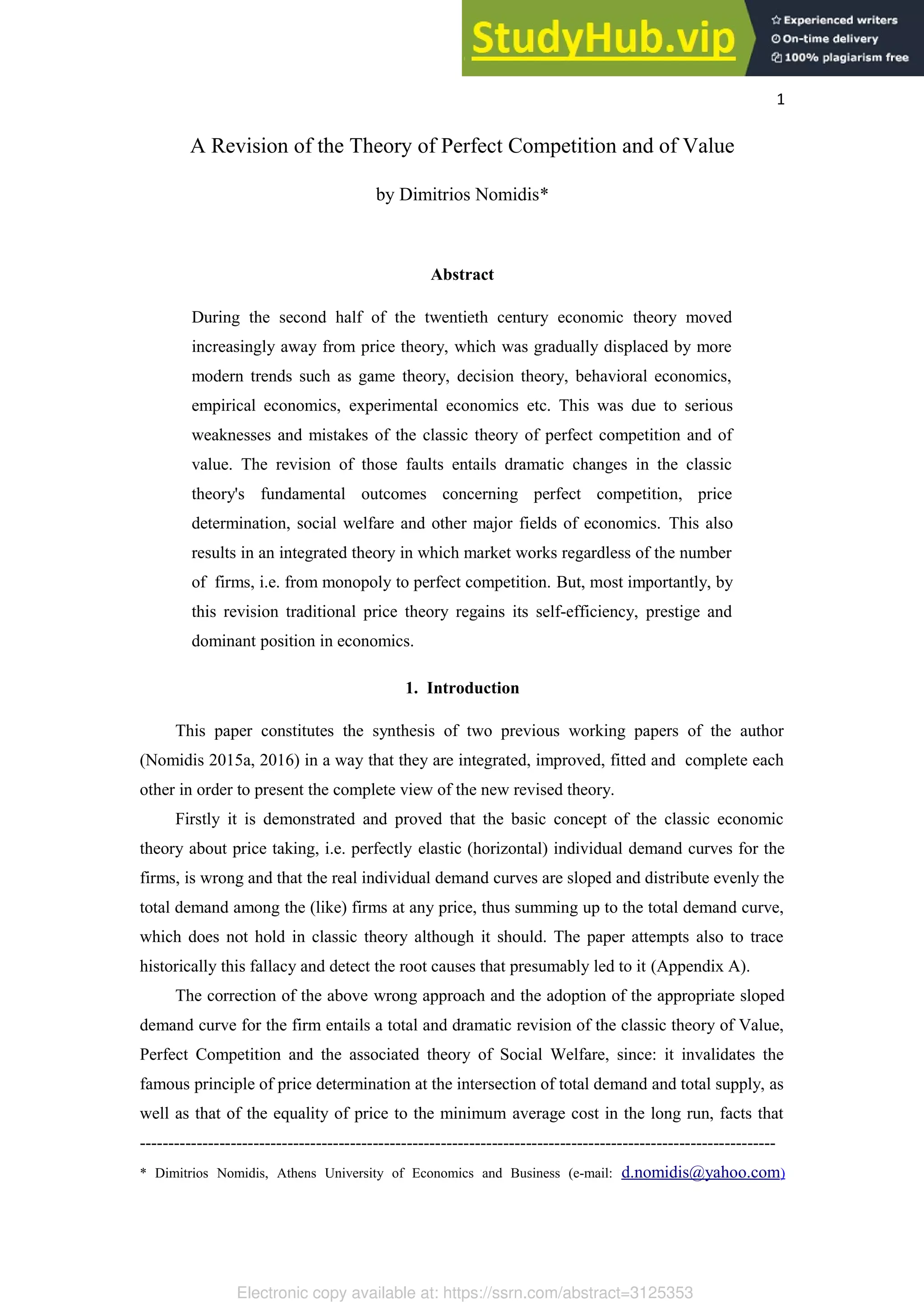 A Revision Of The Theory Of Perfect Competition And Of Value | PDF