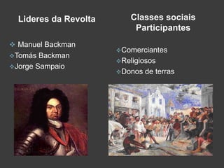 Lideres da Revolta
 Manuel Backman
Tomás

Backman
Jorge Sampaio

Classes sociais
Participantes
Comerciantes
Religiosos
Donos

de terras

 