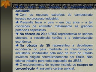 Fracasso e Crise da revolução  porque a Rússia continuou dependendo dos países cujos capitais essenciais controlavam a economia russa e a economia mundial. Países estes que só pensavam em ganhar a guerra e ampliar seus impérios. BOLCHEVIQUES lançaram-se na disputa da direção daquele processo político. Seu lema: PAZ, PÃO E TERRAPaz: representava a saída imediata da guerra.Pão: resolução do problema da fome no país.Terra: atender à demanda da população que vivia no campo, sem acesso à terra.TESES DE ABRIL – “TODO PODER AOS SOVIETES”