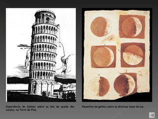 Experiência de Galileu sobre as leis da queda dos   Desenhos de galileu sobre as diversas fases da lua.
corpos, na Torre de Pisa.
 