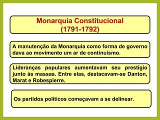 Monarquia Constitucional
(1791-1792)
A manutenção da Monarquia como forma de governo
dava ao movimento um ar de continuísmo.
Lideranças populares aumentavam seu prestígio
junto às massas. Entre elas, destacavam-se Danton,
Marat e Robespierre.
Os partidos políticos começavam a se delinear.
HISTÓRIA, 8º Ano do Ensino Fundamental
Revolução Francesa
 