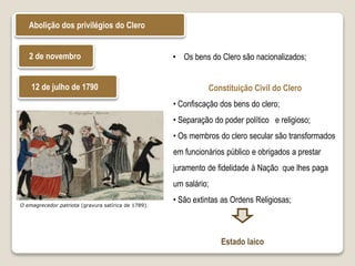 Abolição dos privilégios do Clero
2 de novembro
Constituição Civil do Clero
• Confiscação dos bens do clero;
• Separação do poder político e religioso;
• Os membros do clero secular são transformados
em funcionários público e obrigados a prestar
juramento de fidelidade à Nação que lhes paga
um salário;
• São extintas as Ordens Religiosas;
• Os bens do Clero são nacionalizados;
12 de julho de 1790
O emagrecedor patriota (gravura satírica de 1789).
Estado laico
 