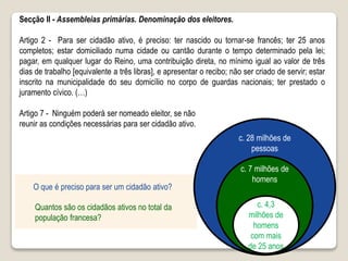 O que é preciso para ser um cidadão ativo?
Quantos são os cidadãos ativos no total da
população francesa?
c. 4,3
milhões de
homens
com mais
de 25 anos
c. 7 milhões de
homens
c. 28 milhões de
pessoas
Secção II - Assembleias primárias. Denominação dos eleitores.
Artigo 2 - Para ser cidadão ativo, é preciso: ter nascido ou tornar-se francês; ter 25 anos
completos; estar domiciliado numa cidade ou cantão durante o tempo determinado pela lei;
pagar, em qualquer lugar do Reino, uma contribuição direta, no mínimo igual ao valor de três
dias de trabalho [equivalente a três libras], e apresentar o recibo; não ser criado de servir; estar
inscrito na municipalidade do seu domicílio no corpo de guardas nacionais; ter prestado o
juramento cívico. (…)
Artigo 7 - Ninguém poderá ser nomeado eleitor, se não
reunir as condições necessárias para ser cidadão ativo.
 