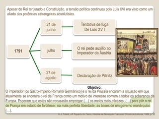 1791
21 de
junho
Tentativa de fuga
De Luís XV I
julho O rei pede auxílio ao
Imperador da Áustria
27 de
agosto Declaração de Pillnitz
O imperador [do Sacro-Império Romano Germânico] e o rei da Prússia encaram a situação em que
atualmente se encontra o rei da França como um motivo de interesse comum a todos os soberanos da
Europa. Esperam que estes não recusarão empregar (…) os meios mais eficazes, (…) para pôr o rei
de França em estado de fortalecer, na mais perfeita liberdade, as bases de um governo monárquico
(…).
In J. Tulard, J-F Fayard e A. Fierro, História da Revolução Francesa, Círculo de Leitores, 1989, p. 95
Objetivo:
Apesar do Rei ter jurado a Constituição, a tensão política continuou pois Luís XVI era visto como um
aliado das potências estrangeiras absolutistas.
 