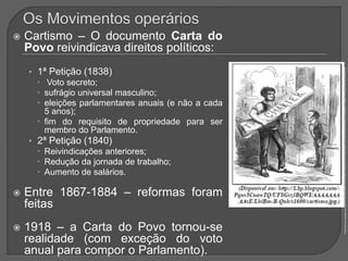  Cartismo – O documento Carta do
Povo reivindicava direitos políticos:
• 1ª Petição (1838)
 Voto secreto;
 sufrágio universal masculino;
 eleições parlamentares anuais (e não a cada
5 anos);
 fim do requisito de propriedade para ser
membro do Parlamento.
• 2ª Petição (1840)
 Reivindicações anteriores;
 Redução da jornada de trabalho;
 Aumento de salários.
 Entre 1867-1884 – reformas foram
feitas
 1918 – a Carta do Povo tornou-se
realidade (com exceção do voto
anual para compor o Parlamento).
Fonte:https://www.google.com.br/search?q=cartismo&source=lnms&tbm=isch&sa=X&ved=0ahUKEwjbpJ-4z9_VAhVCjJAKHXxWBakQ_AUICigB&biw=1366&bih=672#imgrc=BKFMj_RNrSEQQM:
 