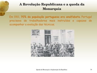 A Revolução Republicana e a queda da Monarquia   Em 1911,  70% da população portuguesa era analfabeta . Portugal precisava de trabalhadores mais instruídos e capazes de acompanhar a evolução das técnicas.  Queda da Monarquia e Implantação da República 