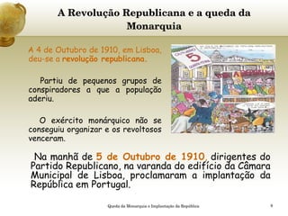 A Revolução Republicana e a queda da Monarquia A 4 de Outubro de 1910, em Lisboa, deu-se a  revolução republicana.   Partiu de pequenos grupos de conspiradores a que a população aderiu.   O exército monárquico não se conseguiu organizar e os revoltosos venceram.   Na manhã de  5 de Outubro de 1910 ,  dirigentes do Partido Republicano, na varanda do edifício da Câmara Municipal de Lisboa, proclamaram a implantação da República em Portugal. Queda da Monarquia e Implantação da República 