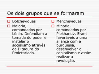 Os dois grupos que se formaram
 Bolcheviques          Mencheviques
 Maioria,              Minoria,
  comandados por         comandados por
  Lênin. Defendiam a     Plekhanov. Eram
  tomada do poder e      favoráveis a uma
  instalar o             aliança com a
  socialismo através     burguesia,
  da Ditadura do         desenvolver o
  Proletariado.          capitalismo e assim
                         realizar a
                         revolução.
 