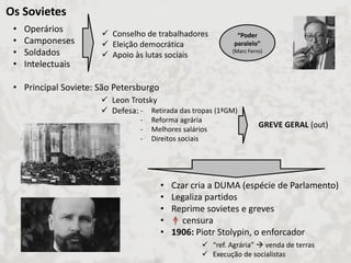 Os Sovietes 
•Operários 
•Camponeses 
•Soldados 
•Intelectuais 
•Principal Soviete: São Petersburgo 
Conselho de trabalhadores 
Eleição democrática 
Apoio às lutas sociais 
“Poder paralelo” (Marc Ferro) 
Leon Trotsky 
Defesa: 
-Retirada das tropas (1ªGM) 
-Reforma agrária 
-Melhores salários 
-Direitos sociais 
GREVE GERAL (out) 
•Czar cria a DUMA (espécie de Parlamento) 
•Legaliza partidos 
•Reprime sovietes e greves 
• censura 
•1906: Piotr Stolypin, o enforcador 
“ref. Agrária”  venda de terras 
Execução de socialistas  