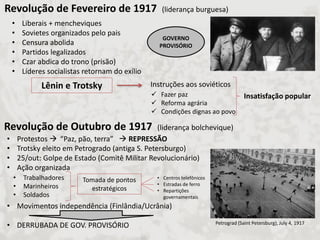 Revolução de Fevereiro de 1917 (liderança burguesa) 
•Liberais + mencheviques 
•Sovietes organizados pelo pais 
•Censura abolida 
•Partidos legalizados 
•Czar abdica do trono (prisão) 
•Líderes socialistas retornam do exílio 
Lênin e Trotsky 
Instruções aos soviéticos 
Fazer paz 
Reforma agrária 
Condições dignas ao povo 
GOVERNO PROVISÓRIO 
Revolução de Outubro de 1917 (liderança bolchevique) 
•Protestos  
•Trotsky eleito em Petrogrado (antiga S. Petersburgo) 
•25/out: Golpe de Estado (Comitê Militar Revolucionário) 
•Ação organizada 
•Movimentos independência (Finlândia/Ucrânia) 
•DERRUBADA DE GOV. PROVISÓRIO 
Insatisfação popular 
“Paz, pão, terra”  REPRESSÃO 
Petrograd (Saint Petersburg), July 4, 1917 
•Trabalhadores 
•Marinheiros 
•Soldados 
Tomada de pontos estratégicos 
•Centros telefônicos 
•Estradas de ferro 
•Repartições governamentais  
