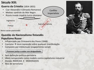 Guerra da Criméia (1854-1855) Questão do Nacionalismo finlandês Populismo Russo 
•Czar Alexandre II (Dinastia Romanov) 
•Motivo: controle do Mar Negro 
•Rússia invade império turco-otomano 
Conflito Imperialista 
Inglaterra França Reino sardo-piemontês 
+ 
+ 
x 
Exército czarista 
Século XIX: 
•Influenciado por Primavera dos Povos (1848) 
•Czarismo  dura repressão sobre qualquer manifestação 
•Composto por intelectuais (engajamento social) 
•Sem definição político-partidária 
•Vêem campesinato como modelo contra capitalismo industrial 
•Divisão: RADICAIS X MODERADOS 
•Atos de terrorismo 
Promover justiça e acabar com desigualdades  