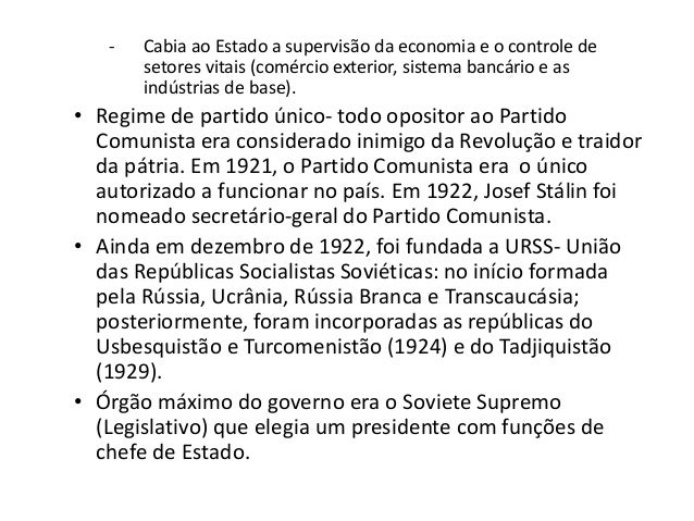 • Stalin saiu vitorioso- controlava a máquina
burocrática e passou a perseguir Trotsky- em
1929 foi expulso da URSS e em 1...