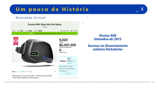+
+
_ XU m p o u c o d e H i s t ó r i a
+
+
Re a l i d a d e V i r t u a l
Oculus Rift
Setembro de 2012
Sucesso no financiamento
coletivo Kickstarter
 