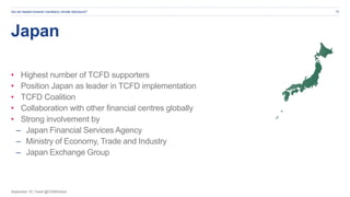 September 19 | Tweet @CDSBGlobal
Japan
• Highest number of TCFD supporters
• Position Japan as leader in TCFD implementation
• TCFD Coalition
• Collaboration with other financial centres globally
• Strong involvement by
– Japan Financial Services Agency
– Ministry of Economy, Trade and Industry
– Japan Exchange Group
Are we headed towards mandatory climate disclosure? 10
 