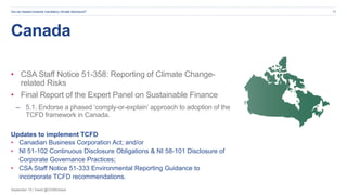 September 19 | Tweet @CDSBGlobal
Canada
• CSA Staff Notice 51-358: Reporting of Climate Change-
related Risks
• Final Report of the Expert Panel on Sustainable Finance
– 5.1. Endorse a phased ‘comply-or-explain’ approach to adoption of the
TCFD framework in Canada.
Updates to implement TCFD
• Canadian Business Corporation Act; and/or
• NI 51-102 Continuous Disclosure Obligations & NI 58-101 Disclosure of
Corporate Governance Practices;
• CSA Staff Notice 51-333 Environmental Reporting Guidance to
incorporate TCFD recommendations.
Are we headed towards mandatory climate disclosure? 12
 