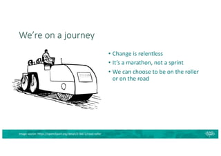 We’re on a journey
• Change is relentless
• It’s a marathon, not a sprint
• We can choose to be on the roller
or on the road
Image source: https://openclipart.org/detail/276672/road-roller
 