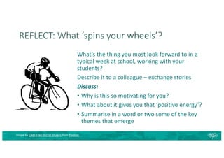 REFLECT: What ‘spins your wheels’?
What’s the thing you most look forward to in a
typical week at school, working with your
students?
Describe it to a colleague – exchange stories
Discuss:
• Why is this so motivating for you?
• What about it gives you that ‘positive energy’?
• Summarise in a word or two some of the key
themes that emerge
Image by Clker-Free-Vector-Images from Pixabay
 