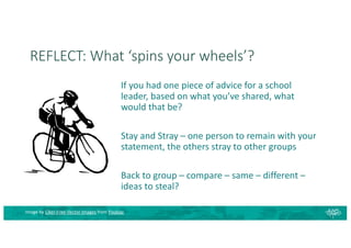 REFLECT: What ‘spins your wheels’?
If you had one piece of advice for a school
leader, based on what you’ve shared, what
would that be?
Stay and Stray – one person to remain with your
statement, the others stray to other groups
Back to group – compare – same – different –
ideas to steal?
Image by Clker-Free-Vector-Images from Pixabay
 