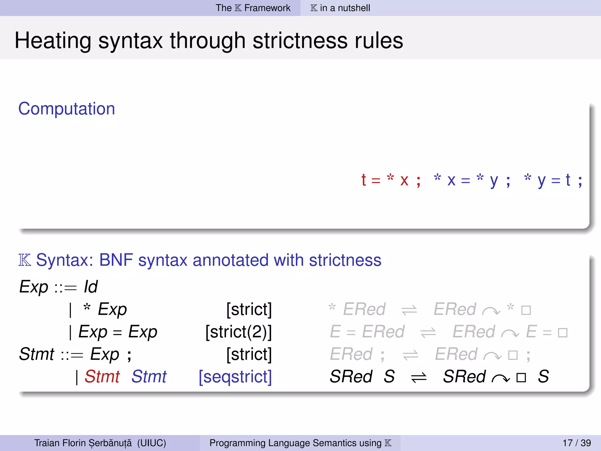 The K Framework     K in a nutshell


Heating syntax through strictness rules

Computation



                                                                    t=*x; *x=*y; *y=t;



K Syntax: BNF syntax annotated with strictness
Exp ::= Id
       | * Exp            [strict]     * ERed                               ERed   *
       | Exp = Exp     [strict(2)]     E = ERed                               ERed   E=
Stmt ::= Exp ;            [strict]     ERed ;                               ERed     ;
         | Stmt Stmt  [seqstrict]      SRed S                                SRed      S


                ,   ˘ ,˘
  Traian Florin Serbanuta (UIUC)   Programming Language Semantics using K                  17 / 39
 