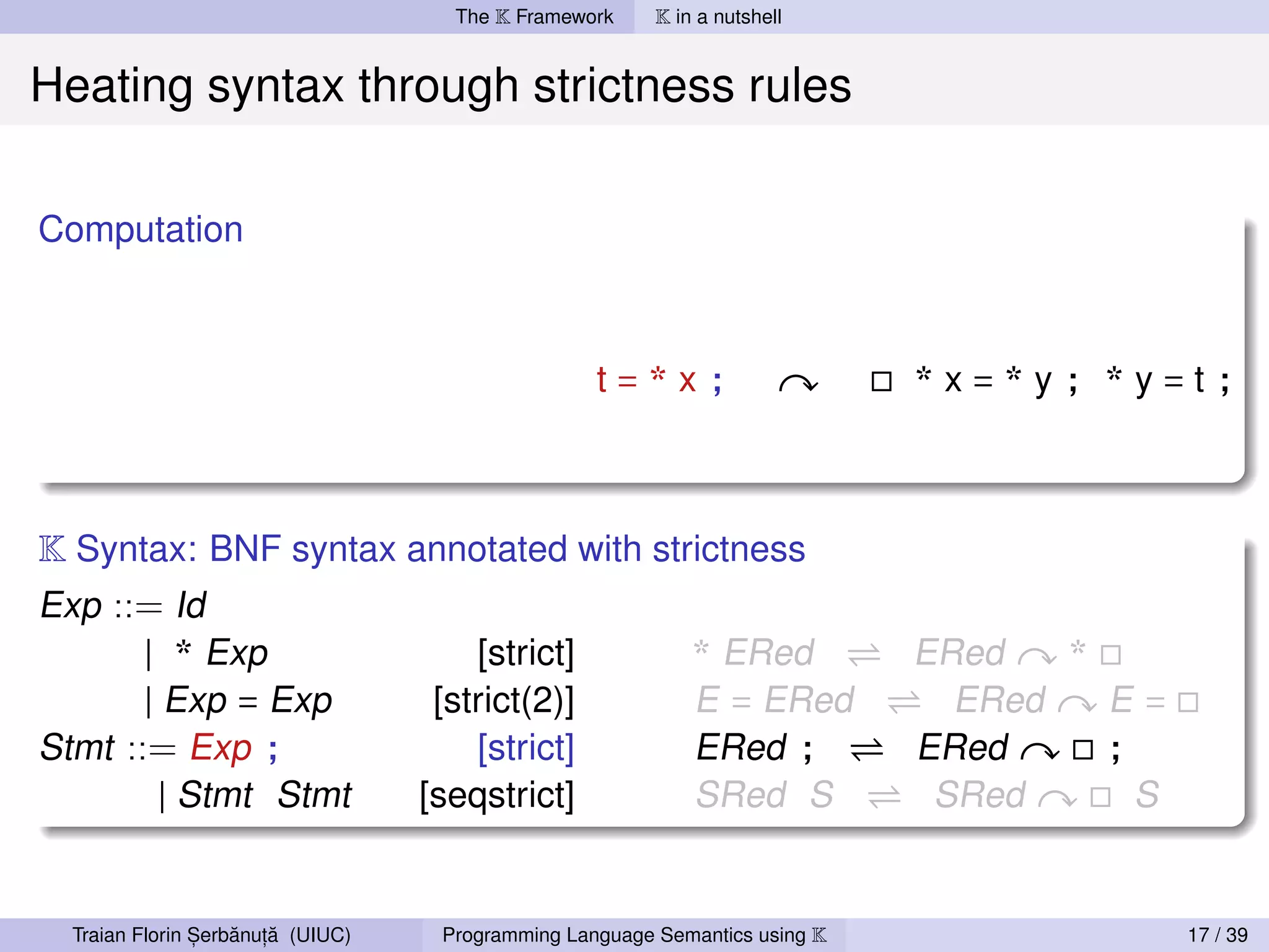 The K Framework     K in a nutshell


Heating syntax through strictness rules

Computation



                                                  t=*x;                     *x=*y; *y=t;



K Syntax: BNF syntax annotated with strictness
Exp ::= Id
       | * Exp            [strict]     * ERed                               ERed   *
       | Exp = Exp     [strict(2)]     E = ERed                               ERed   E=
Stmt ::= Exp ;            [strict]     ERed ;                               ERed     ;
         | Stmt Stmt  [seqstrict]      SRed S                                SRed      S


                ,   ˘ ,˘
  Traian Florin Serbanuta (UIUC)   Programming Language Semantics using K                  17 / 39
 