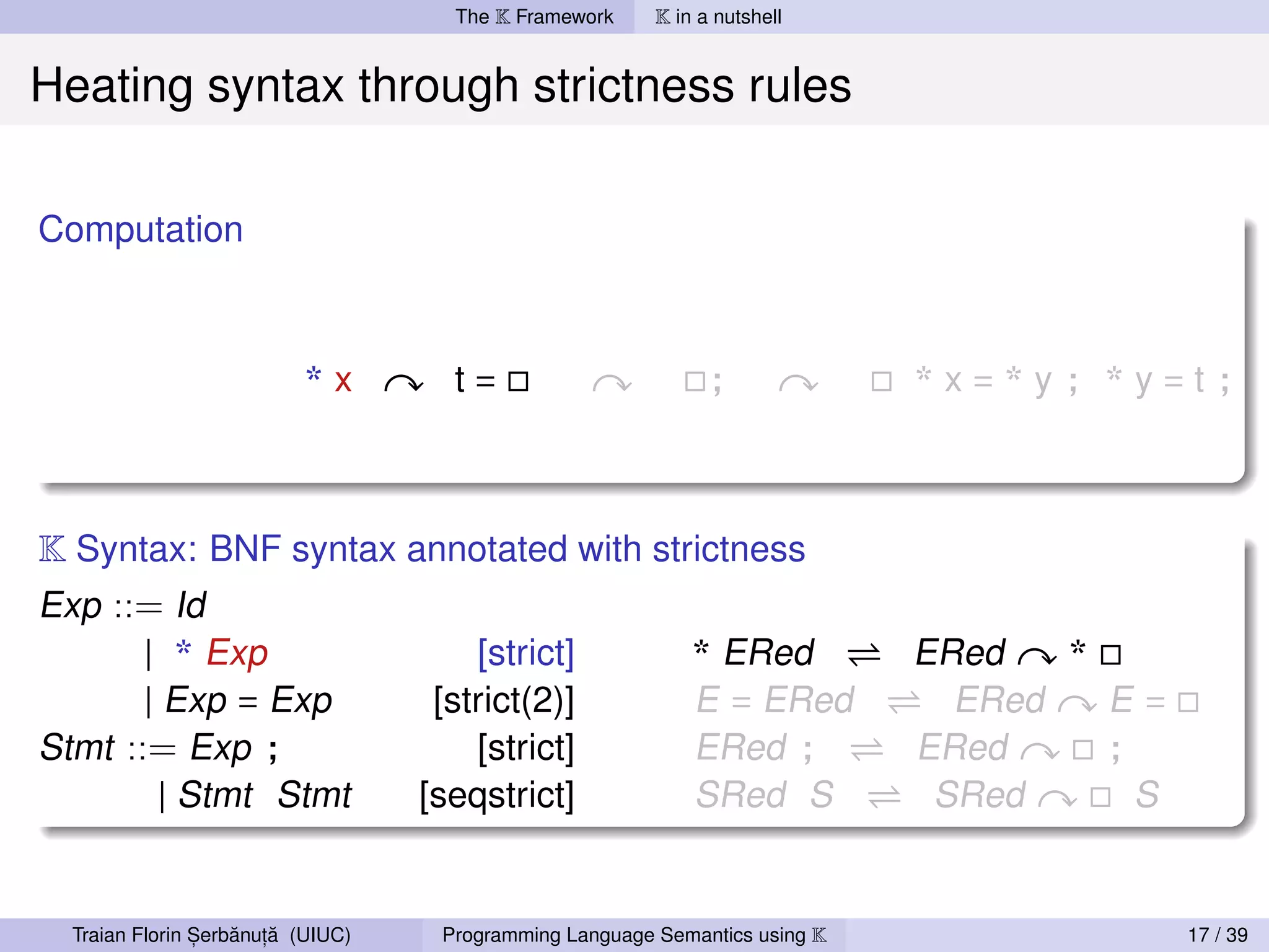 The K Framework     K in a nutshell


Heating syntax through strictness rules

Computation



                          *x        t=                        ;             *x=*y; *y=t;



K Syntax: BNF syntax annotated with strictness
Exp ::= Id
       | * Exp            [strict]     * ERed                               ERed   *
       | Exp = Exp     [strict(2)]     E = ERed                               ERed   E=
Stmt ::= Exp ;            [strict]     ERed ;                               ERed     ;
         | Stmt Stmt  [seqstrict]      SRed S                                SRed      S


                ,   ˘ ,˘
  Traian Florin Serbanuta (UIUC)   Programming Language Semantics using K                  17 / 39
 