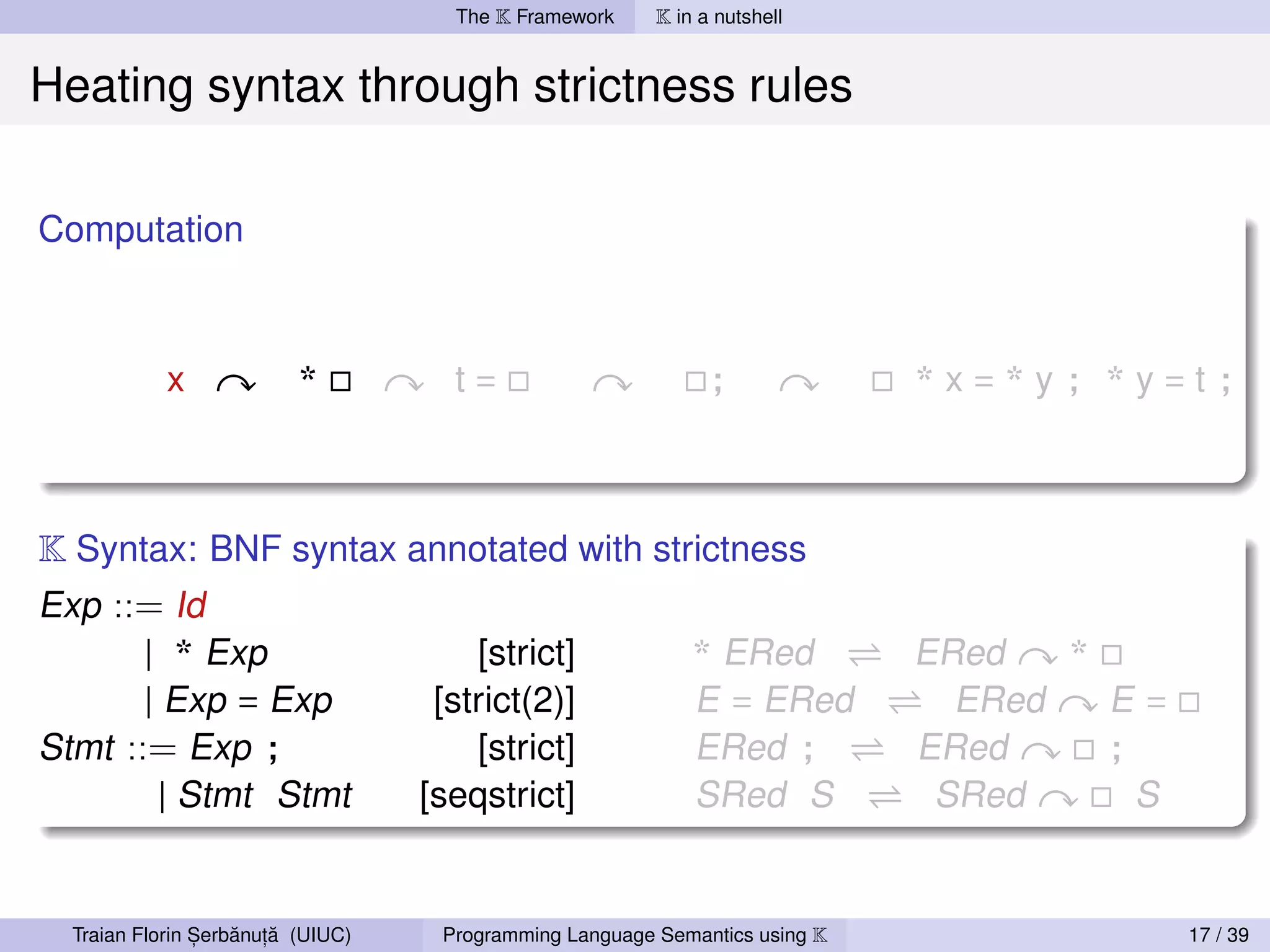 The K Framework     K in a nutshell


Heating syntax through strictness rules

Computation



            x             *         t=                        ;             *x=*y; *y=t;



K Syntax: BNF syntax annotated with strictness
Exp ::= Id
       | * Exp            [strict]     * ERed                               ERed   *
       | Exp = Exp     [strict(2)]     E = ERed                               ERed   E=
Stmt ::= Exp ;            [strict]     ERed ;                               ERed     ;
         | Stmt Stmt  [seqstrict]      SRed S                                SRed      S


                ,   ˘ ,˘
  Traian Florin Serbanuta (UIUC)   Programming Language Semantics using K                  17 / 39
 