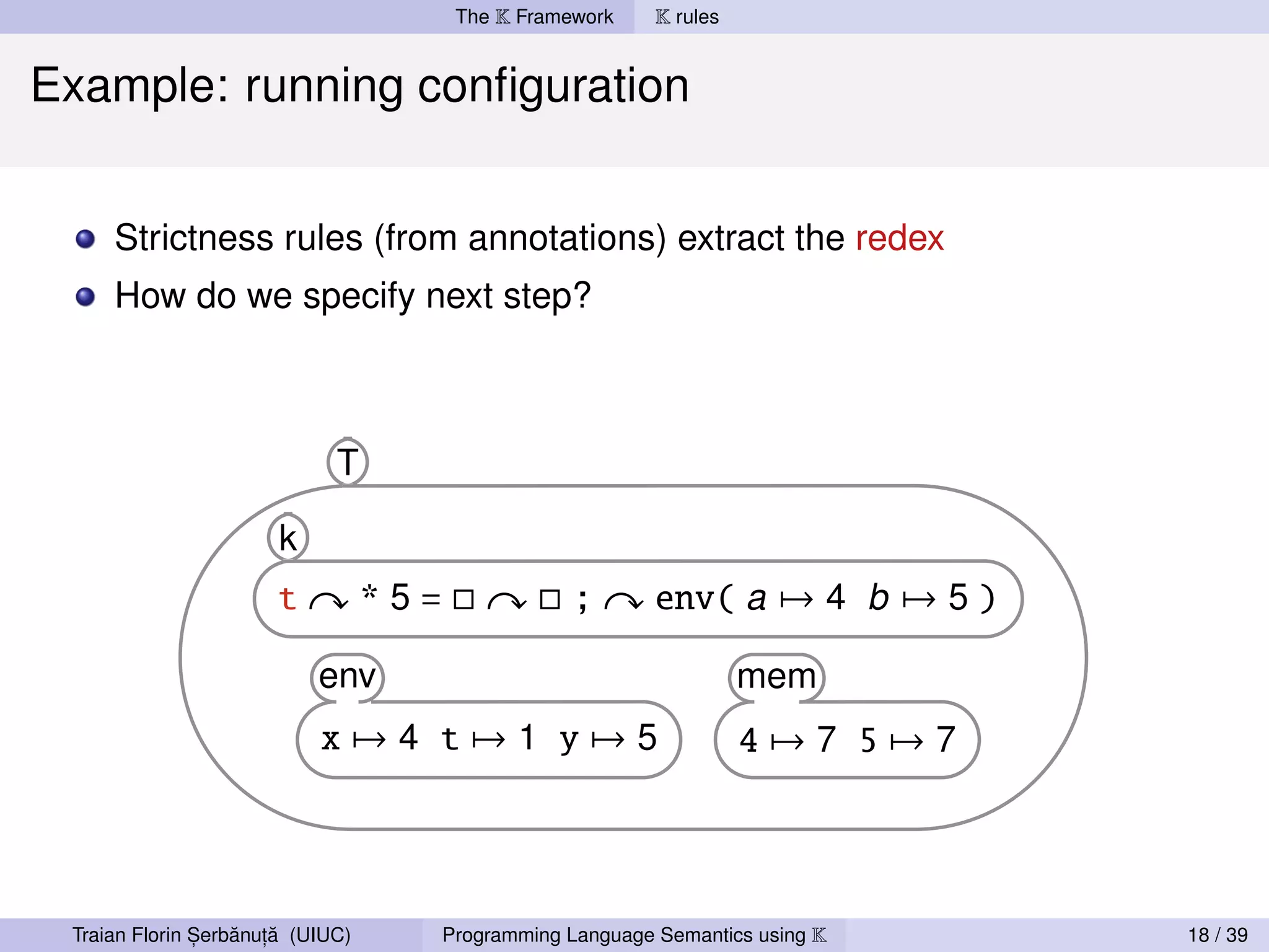 The K Framework     K rules


Example: running conﬁguration


     Strictness rules (from annotations) extract the redex
     How do we specify next step?




               ,   ˘ ,˘
 Traian Florin Serbanuta (UIUC)   Programming Language Semantics using K   18 / 39
 