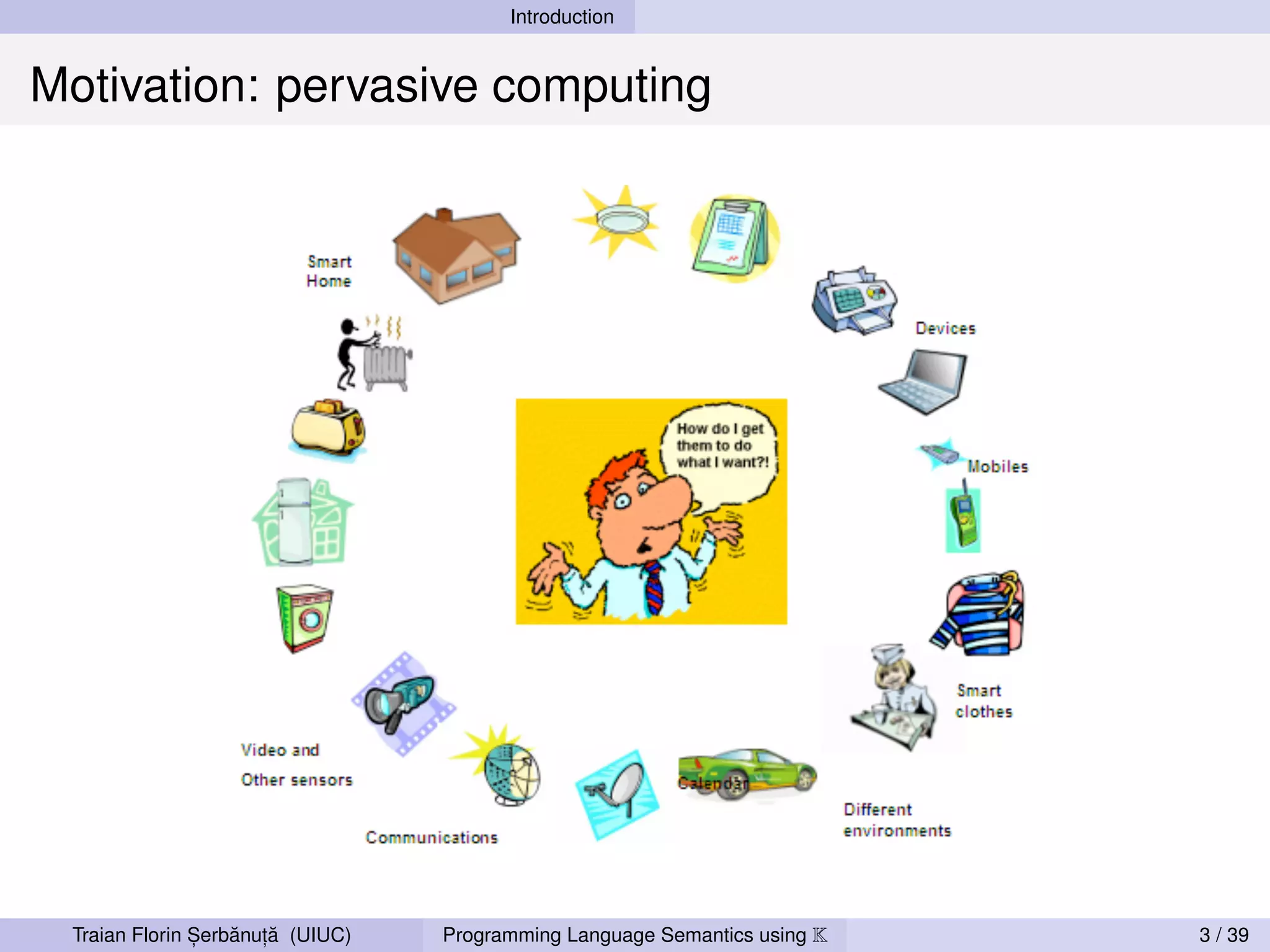 Introduction


Motivation: pervasive computing




               ,   ˘ ,˘
 Traian Florin Serbanuta (UIUC)   Programming Language Semantics using K   3 / 39
 