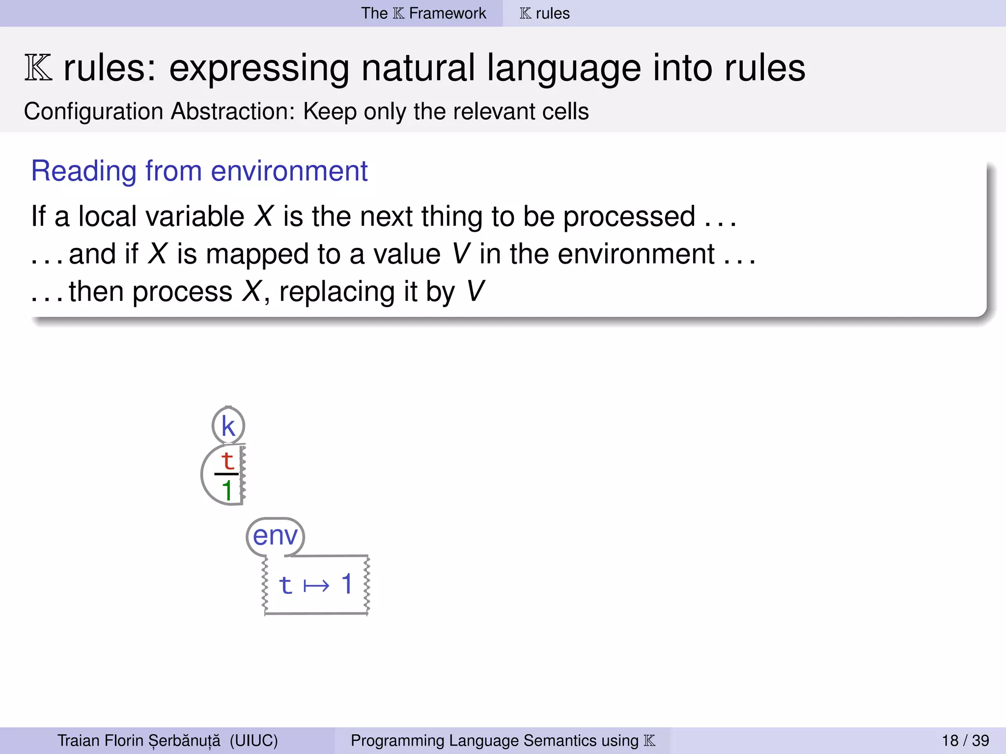 The K Framework     K rules


K rules: expressing natural language into rules
Conﬁguration Abstraction: Keep only the relevant cells

Reading from environment
If a local variable X is the next thing to be processed . . .
. . . and if X is mapped to a value V in the environment . . .
. . . then process X , replacing it by V




                 ,   ˘ ,˘
   Traian Florin Serbanuta (UIUC)   Programming Language Semantics using K   18 / 39
 