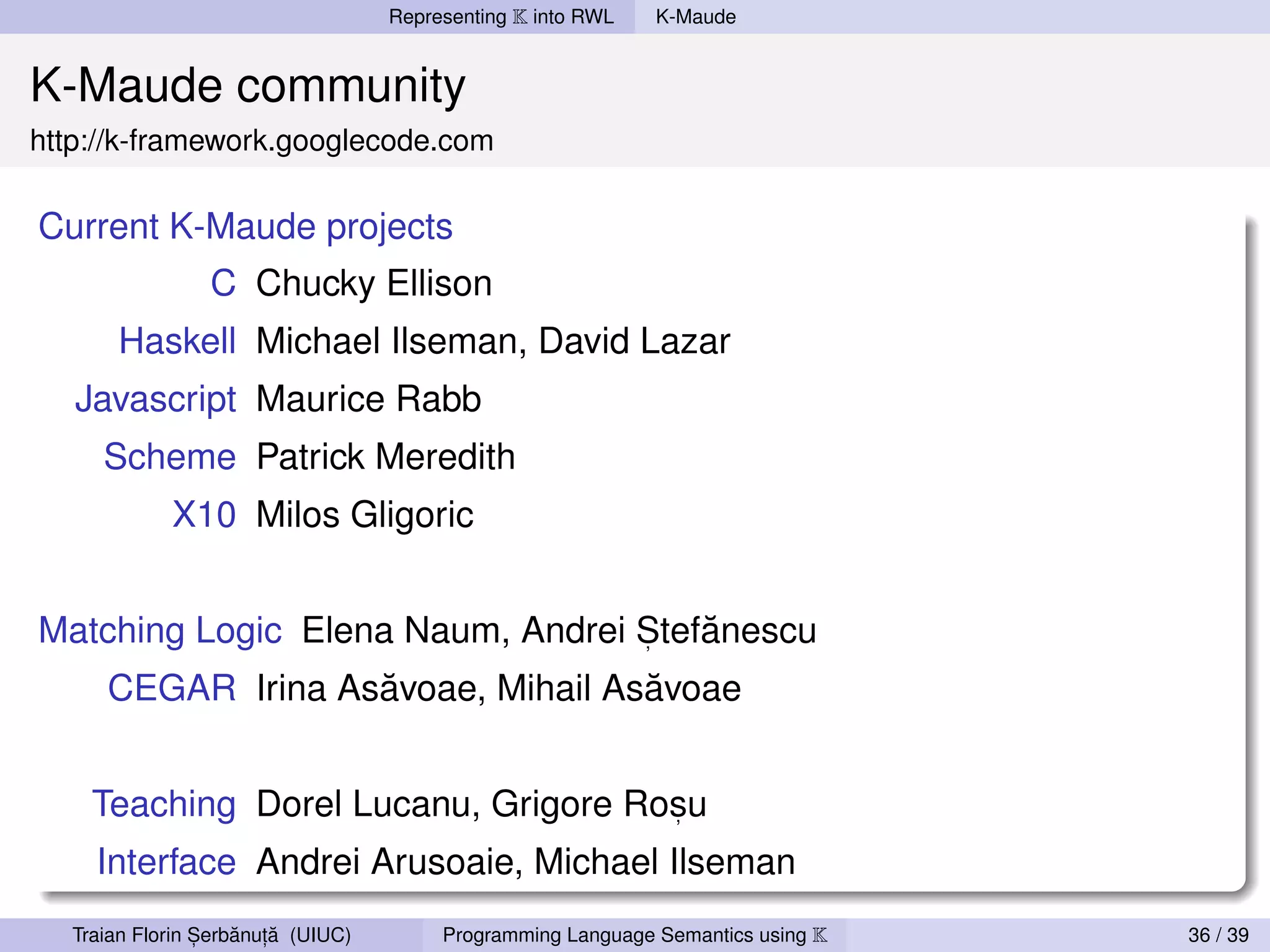 Representing K into RWL   K-Maude


K-Maude community
http://k-framework.googlecode.com

Current K-Maude projects
                 C Chucky Ellison
       Haskell Michael Ilseman, David Lazar
   Javascript Maurice Rabb
      Scheme Patrick Meredith
             X10 Milos Gligoric


                                      ˘
Matching Logic Elena Naum, Andrei Stefanescu
                                  ,

                    ˘               ˘
      CEGAR Irina Asavoae, Mihail Asavoae


     Teaching Dorel Lucanu, Grigore Rosu
                                      ,

     Interface Andrei Arusoaie, Michael Ilseman
                 ,   ˘ ,˘
   Traian Florin Serbanuta (UIUC)        Programming Language Semantics using K   36 / 39
 