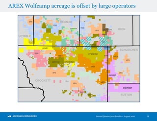 AREX Wolfcamp acreage is offset by large operators
16
AMISTAD
HENRY
ENERVEST
EP ENERGY
others
APA
PXD
AREX
AREX
AREX
AREX
APA
APA
DVN
DVN
ELEVATION
PXD
DVN
APA
APA
APA
EOG
ENERVEST
EOG /
EAP
EAP
BROADOAK
ENDEAVOR
APA
UPTON
CROCKETT
REAGAN
IRION
SCHLEICHER
SUTTON
EP ENERGY
AREX
AREX
AREX
AREX
EOG
Second Quarter 2016 Results – August 2016
 