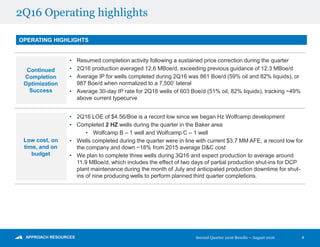 2Q16 Operating highlights
OPERATING HIGHLIGHTS
Low cost, on
time, and on
budget
• 2Q16 LOE of $4.56/Boe is a record low since we began Hz Wolfcamp development
• Completed 2 HZ wells during the quarter in the Baker area
• Wolfcamp B – 1 well and Wolfcamp C – 1 well
• Wells completed during the quarter were in line with current $3.7 MM AFE, a record low for
the company and down ~18% from 2015 average D&C cost
• We plan to complete three wells during 3Q16 and expect production to average around
11.9 MBoe/d, which includes the effect of two days of partial production shut-ins for DCP
plant maintenance during the month of July and anticipated production downtime for shut-
ins of nine producing wells to perform planned third quarter completions.
Continued
Completion
Optimization
Success
• Resumed completion activity following a sustained price correction during the quarter
• 2Q16 production averaged 12.6 MBoe/d, exceeding previous guidance of 12.3 MBoe/d
• Average IP for wells completed during 2Q16 was 861 Boe/d (59% oil and 82% liquids), or
987 Boe/d when normalized to a 7,500’ lateral
• Average 30-day IP rate for 2Q16 wells of 603 Boe/d (51% oil, 82% liquids), tracking ~49%
above current typecurve
4Second Quarter 2016 Results – August 2016
 
