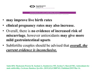 Smits RM, Mackenzie-Proctor R, Yazdani A, Stankiewicz MT, Jordan V, Showell MG. Antioxidants for
male subfertility. Cochrane Database Syst Rev. 2019;3(3):CD007411. Published 2019 Mar 14.
• may improve live birth rates
• clinical pregnancy rates may also increase.
• Overall, there is no evidence of increased risk of
miscarriage, however antioxidants may give more
mild gastrointestinal upsets
• Subfertilte couples should be advised that overall, the
current evidence is inconclusive.
 