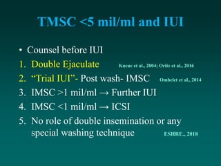 TMSC <5 mil/ml and IUI
• Counsel before IUI
1. Double Ejaculate Kucuc et al., 2004; Oritz et al., 2016
2. “Trial IUI”- Post wash- IMSC Ombelet et al., 2014
3. IMSC >1 mil/ml → Further IUI
4. IMSC <1 mil/ml → ICSI
5. No role of double insemination or any
special washing technique ESHRE., 2018
 
