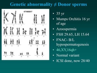 Genetic abnormality ≠ Donor sperms
• 35 yr
• Mumps Orchitis 16 yr
of age
• Azoospermia
• FSH 29.65, LH 15.64
• FNAC- B/L
hypospermatogenesis
• 46,XY,16qh+
• Normal variant
• ICSI done, now 28/40
 