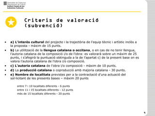 Criteris de valoració (subvenció) a)   L'interès cultural  del projecte i la trajectòria de l'equip tècnic i artístic inclòs a la proposta - màxim de 15 punts.  b)  La utilització de la  llengua catalana o occitana , o en cas de no tenir llengua, l’autoria catalana de la composició i/o de l’obra: es valorarà sobre un màxim de 25 punts, i s’afegirà la puntuació obtinguda a la de l’apartat c) de la present base on es valora l’autoria catalana de l’obra i/o composició. c)   L'autoria catalana  de l'obra i/o composició - màxim de 10 punts. d)  La  producció catalana  o coproducció amb majoria catalana - 30 punts. e)   Nombre de localitats  previstes per a la contractació d’una actuació del sol·licitant de les presents bases – màxim 20 punts entre 7 i 10 localitats diferents - 6 punts  entre 11 i 15 localitats diferents - 12 punts  més de 15 localitats diferents - 20 punts  