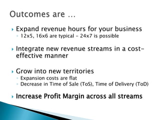 

Expand revenue hours for your business
◦ 12x5, 16x6 are typical - 24x7 is possible



Integrate new revenue streams in a costeffective manner



Grow into new territories

◦ Expansion costs are flat
◦ Decrease in Time of Sale (ToS), Time of Delivery (ToD)



Increase Profit Margin across all streams

 