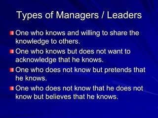 Types of Managers / Leaders
One who knows and willing to share the
knowledge to others.
One who knows but does not want to
acknowledge that he knows.
One who does not know but pretends that
he knows.
One who does not know that he does not
know but believes that he knows.
 