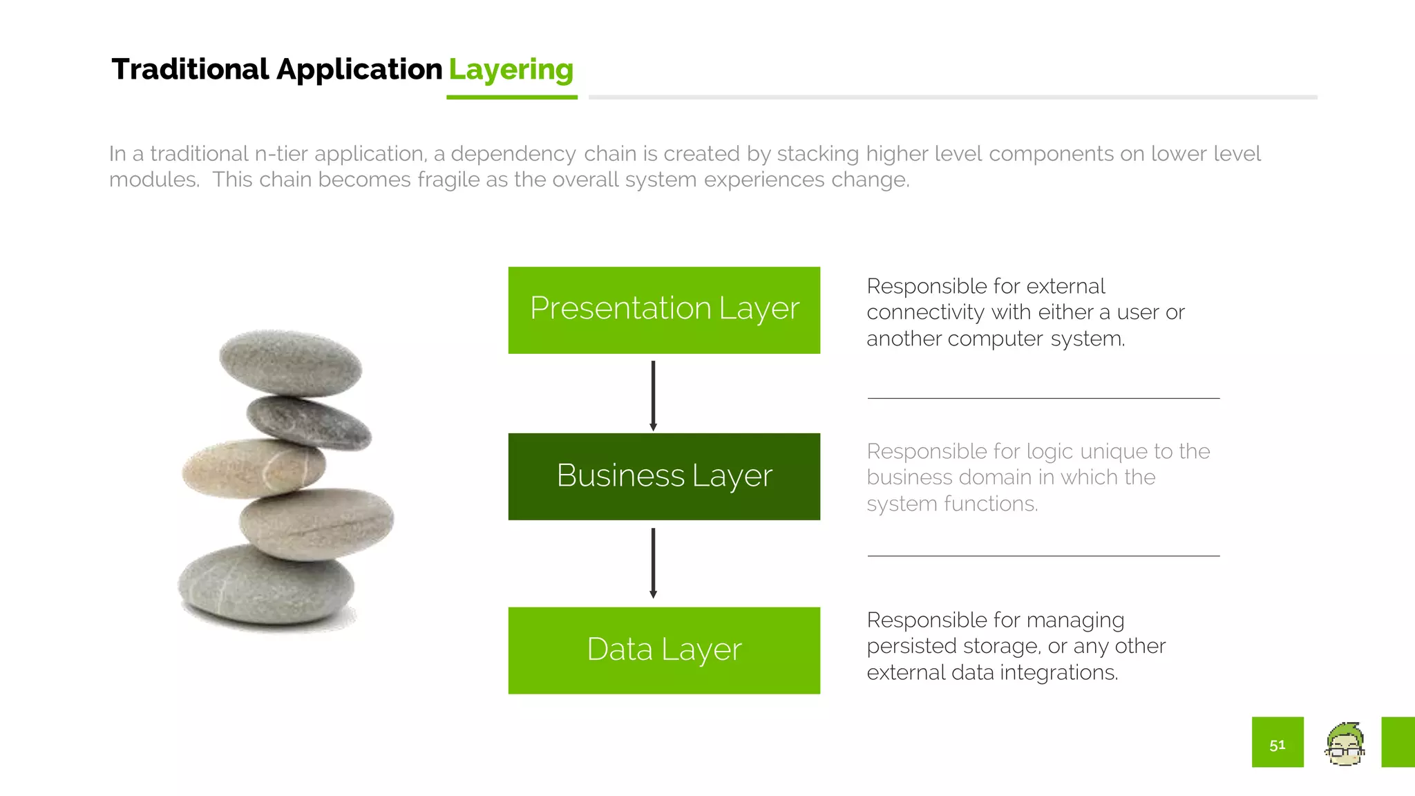 51
Traditional Application Layering
Presentation Layer
Business Layer
Data Layer
Responsible for managing
persisted storage, or any other
external data integrations.
Responsible for external
connectivity with either a user or
another computer system.
Responsible for logic unique to the
business domain in which the
system functions.
In a traditional n-tier application, a dependency chain is created by stacking higher level components on lower level
modules. This chain becomes fragile as the overall system experiences change.
 