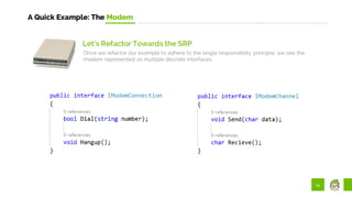 14
A Quick Example: The Modem
Let’s Refactor Towards the SRP
Once we refactor our example to adhere to the single responsibility principle, we see the
modem represented as multiple discrete interfaces.
 