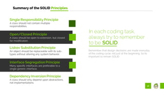 56
Summary of the SOLID Principles
Remember that design decisions are made everyday
of the coding cycle, not just at the beginning. So its
important to remain SOLID.
In each coding task,
always try to remember
to be SOLID.
Single Responsibility Principle
A class should not contain multiple
responsibilities.
Open/Closed Principle
A class should be open to extension, but closed
for modification.
Liskov Substitution Principle
An object should be replaceable with its sub-
types without altering any system behavior.
Interface Segregation Principle
Many specific interfaces are preferable to a
single generic interface.
Dependency Inversion Principle
A class should only depend upon abstractions,
not implementations.
 