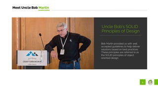 9
Meet Uncle Bob Martin
Bob Martin provided us with well
accepted guidelines to help deliver
solutions based on best practices.
These principles are referred to as
the SOLID principles of object
oriented design.
Uncle Bob’s SOLID
Principles of Design
 